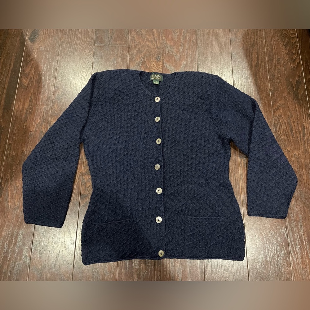 Vtg Alcott & Andrews Women Sweater Size Medium Navy 100% Wool Hand-knit classic